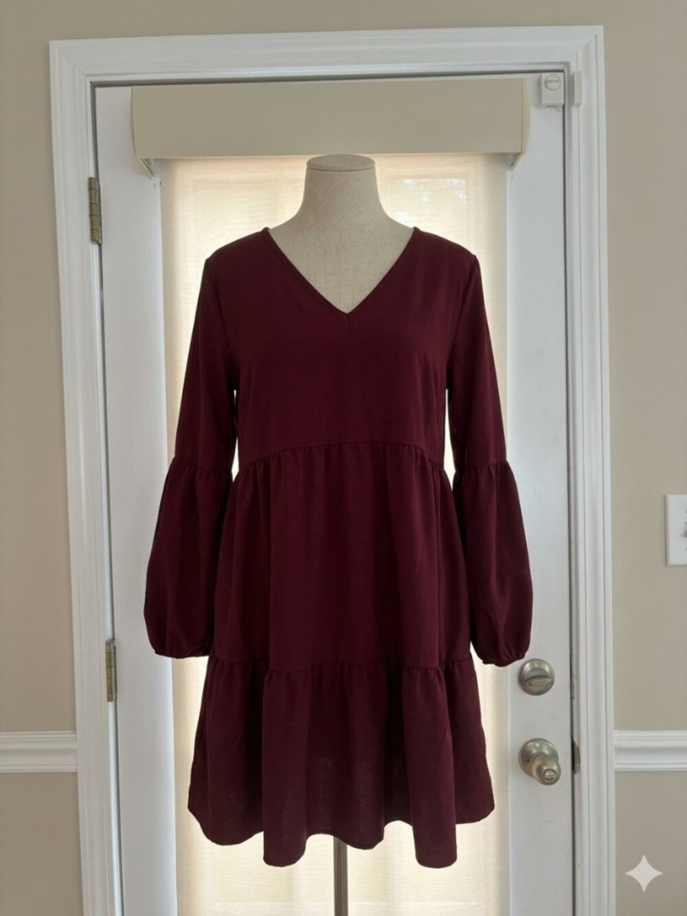 Burgundy Tiered V-Neck Long Sleeve Dress